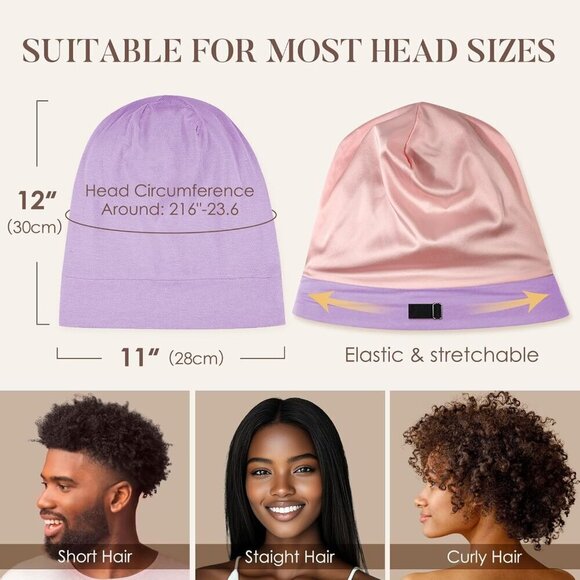 Silk Sleep Cap Adjustable Strap No More Frizz Tangles for Women Men Lavender main image 4